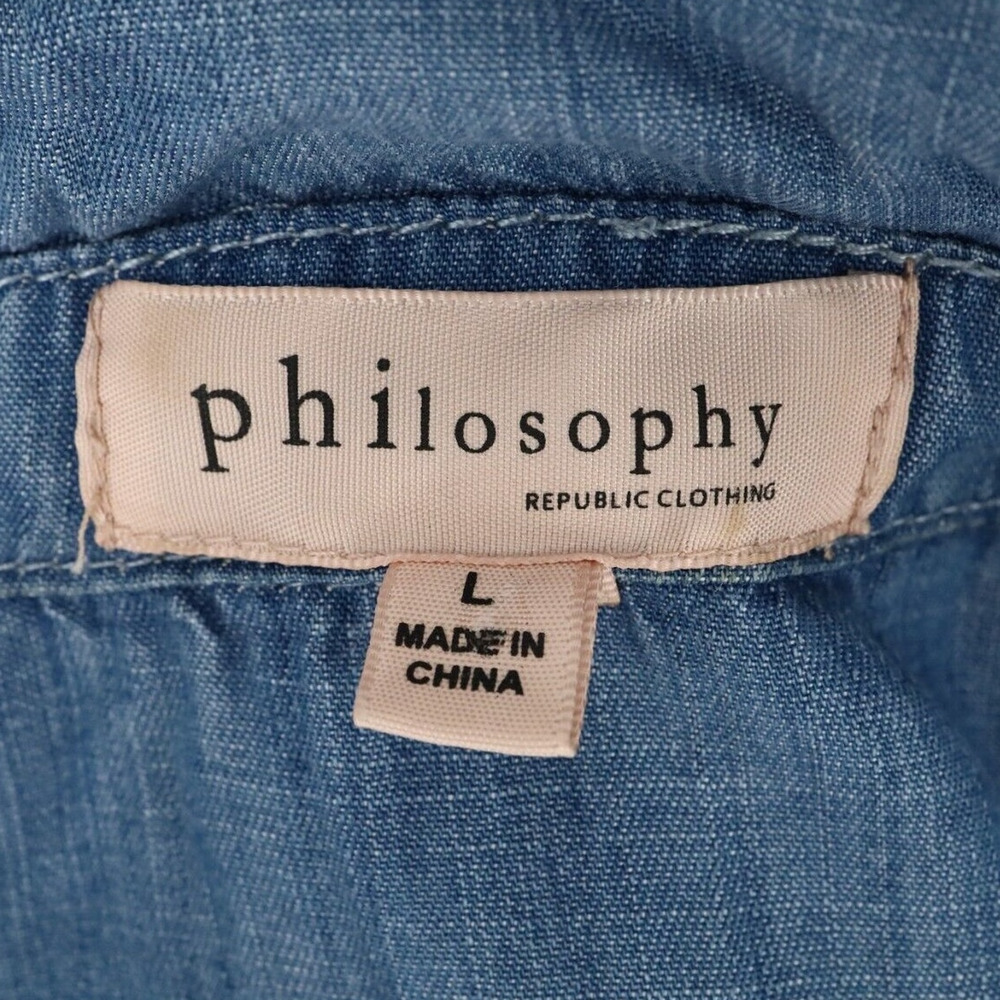 Philosophy Dress Womens Large Blue Chambray Roll Tab Sleeves Coastal Western - Picture 3 of 13